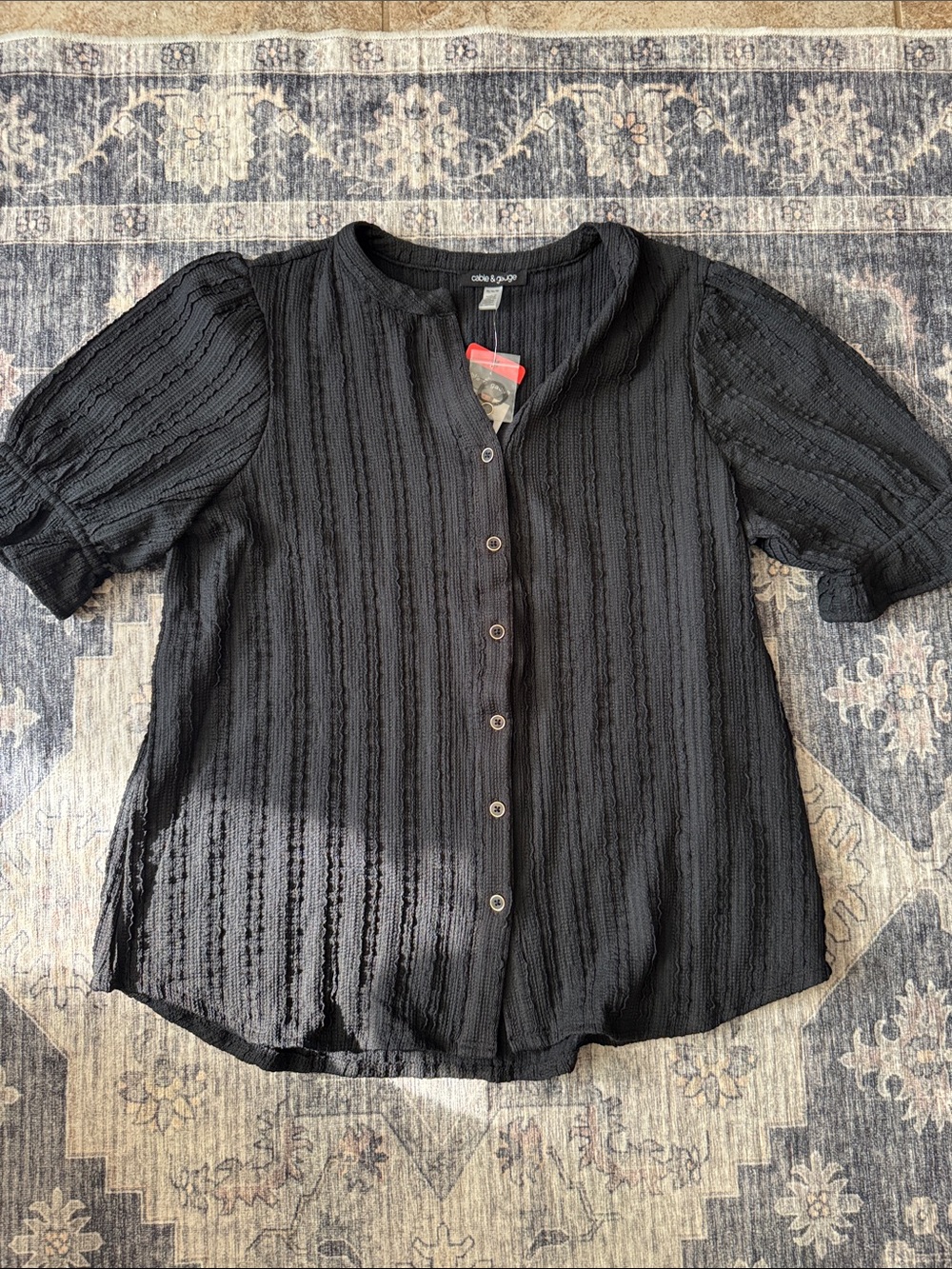 Button-Front Textured Short-Sleeve Blouse with Puff Sleeves